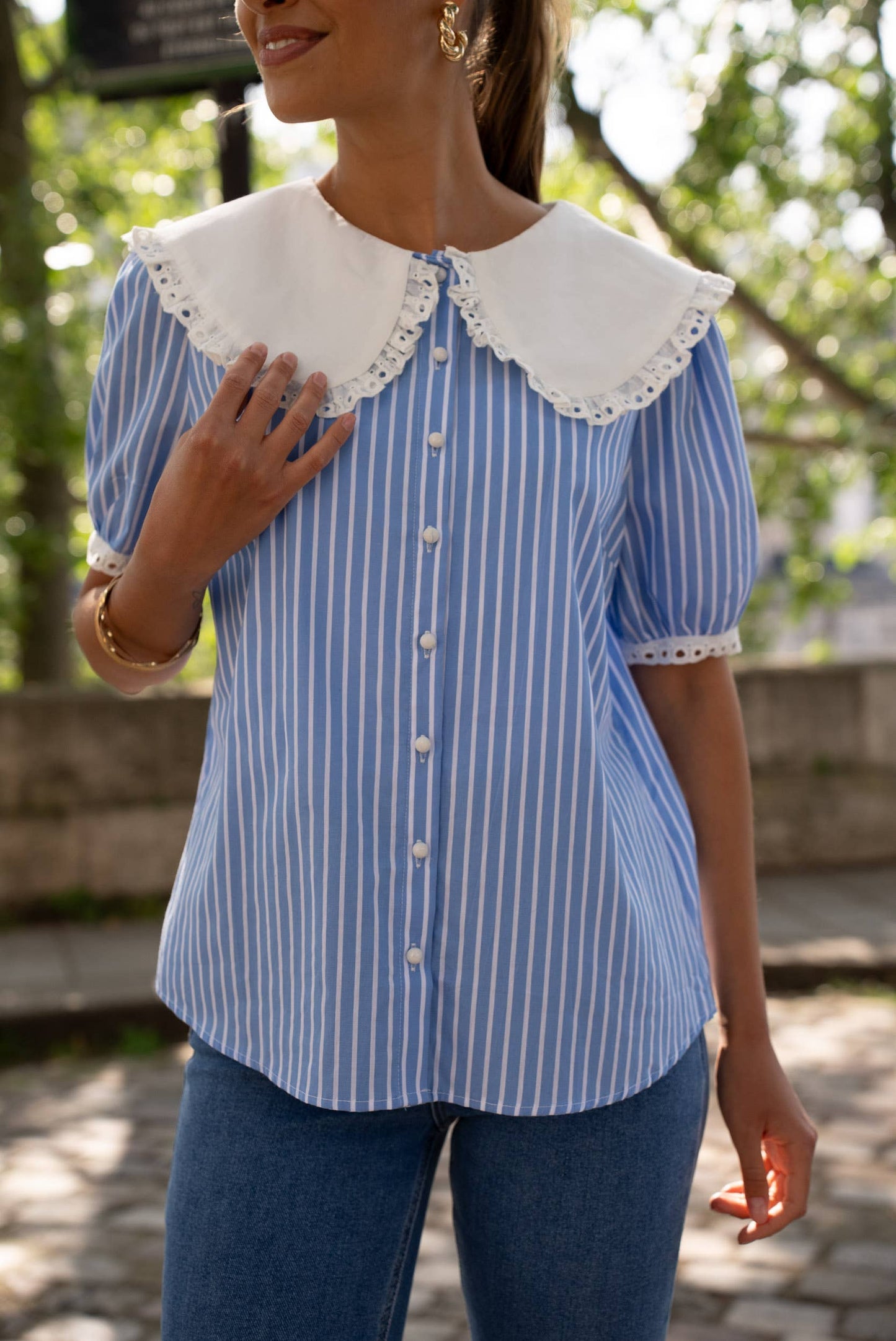 Cotton shirt with Peter Pan collar and short sleeves: Sky Blue