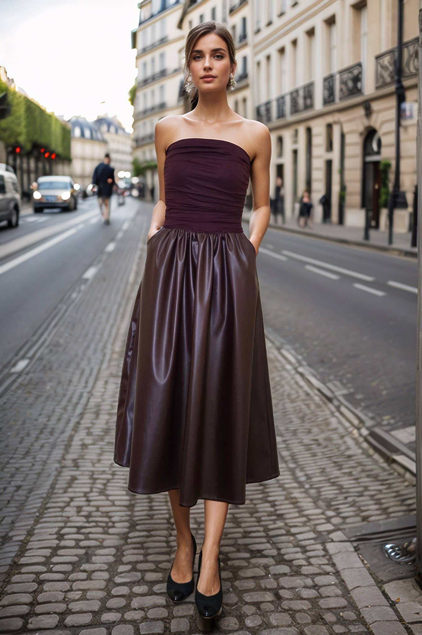 MIMI TUBE DRESS (DARK WINE VEGAN LEATHER)- VD3330PU: Medium