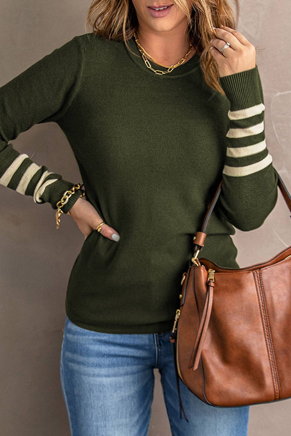 Sophie Striped Sleeve Plain Knit Sweater: Green / 50%Viscose+28%Polyester+22%Polyamide / M