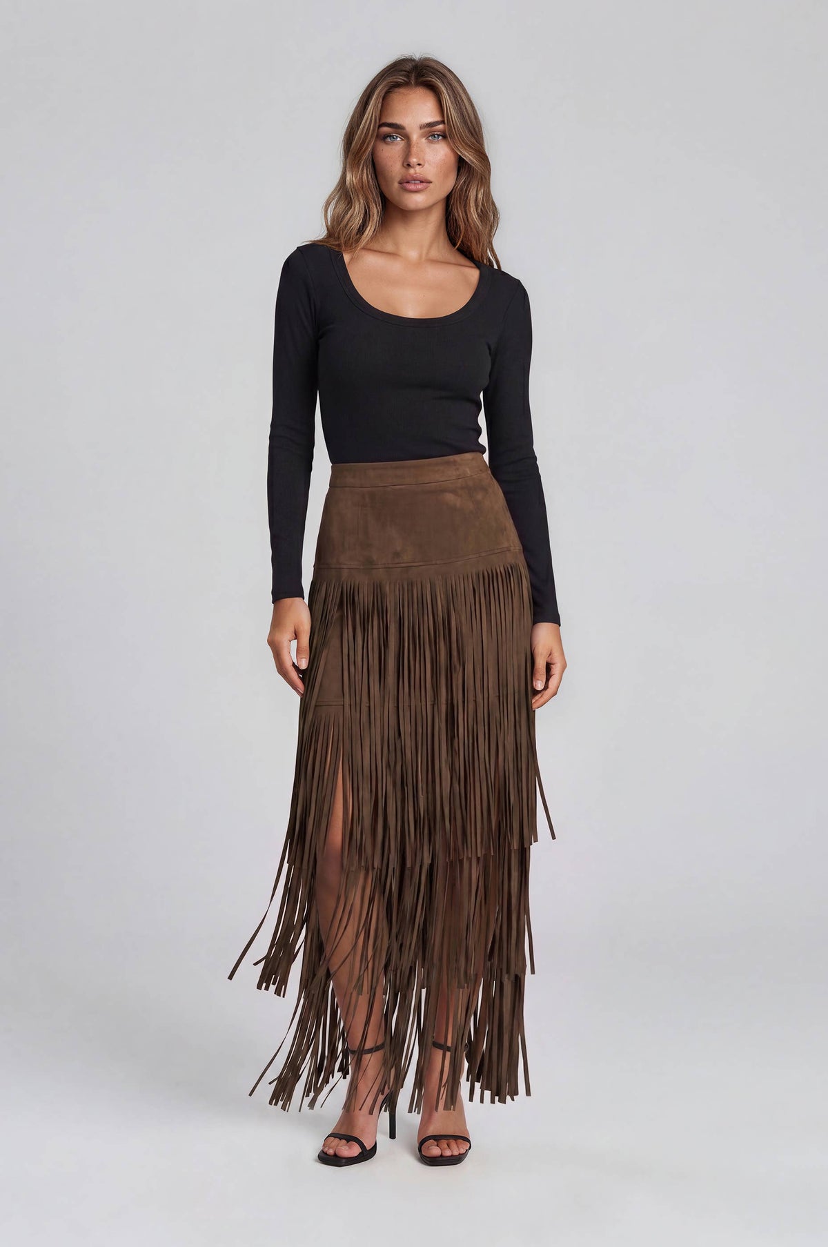 Faux Suede Fringe Midi Skirt