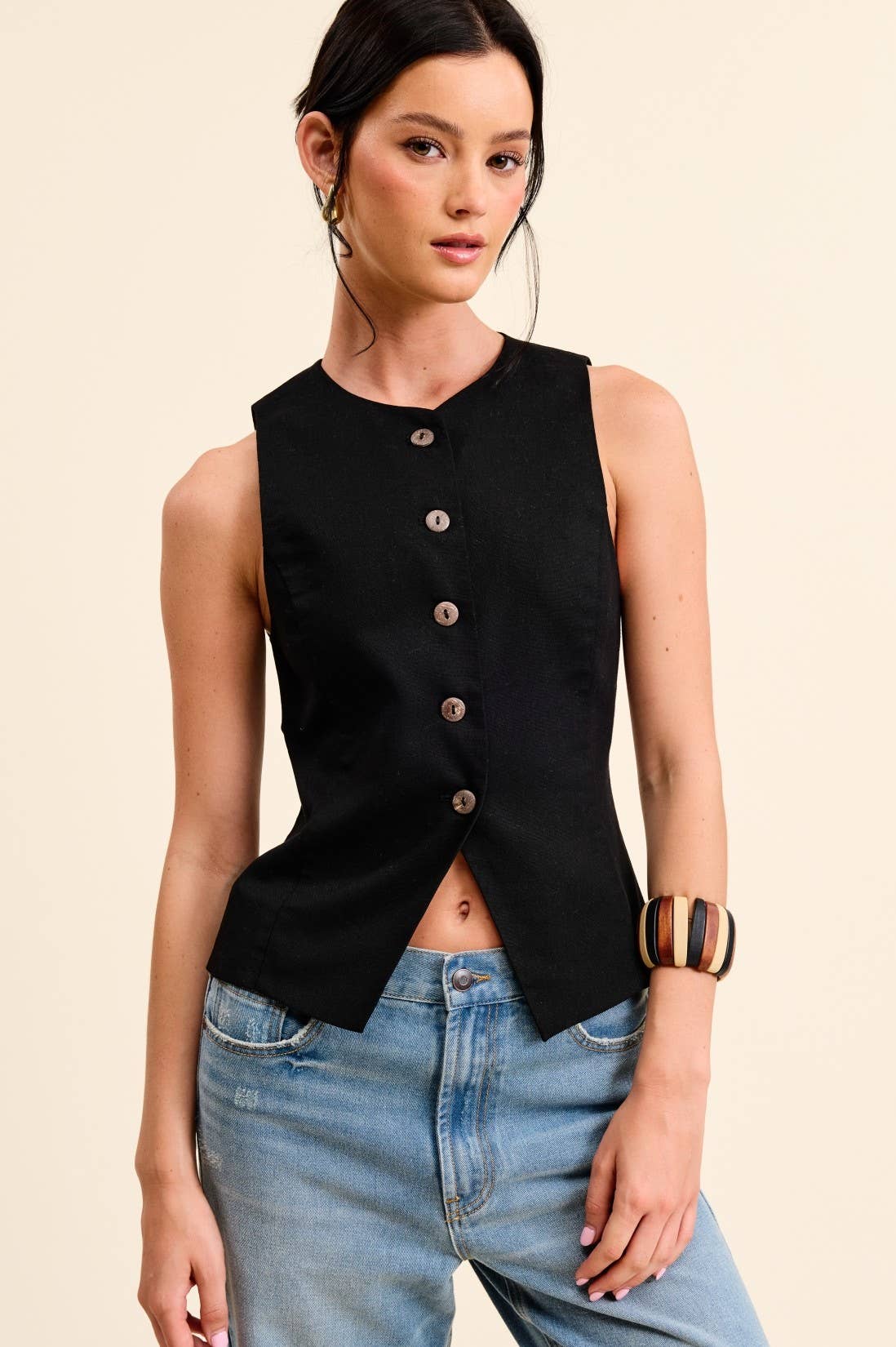 MT1661 ROUND-NECK SLEEVELESS BUTTONED WAISTCOAT VEST: Black / L