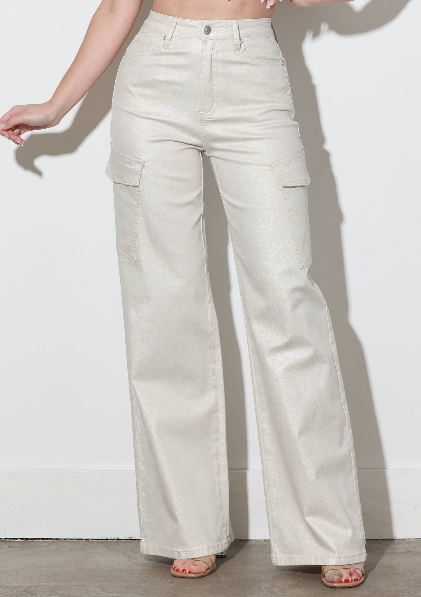Glitter High-Rise Cargo Wide Leg Jeans: Natural