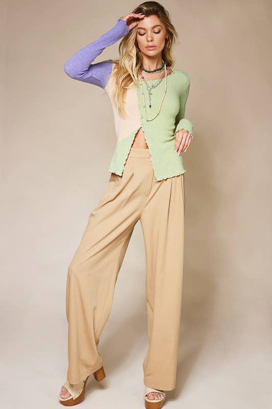 MT1340 MULTICOLOR KNIT TOP WITH LETTUCE TRIM AND FRONT SLIT: Blue Multi / S