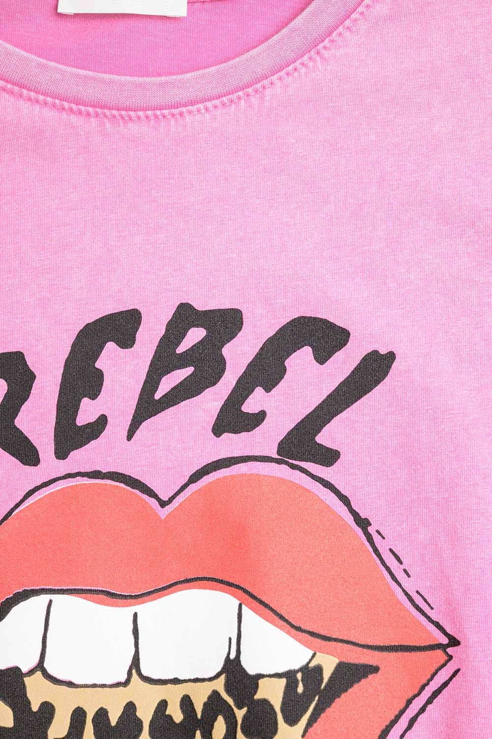 Pink Rebel Graphic Tee with Leopard Print Tongue
