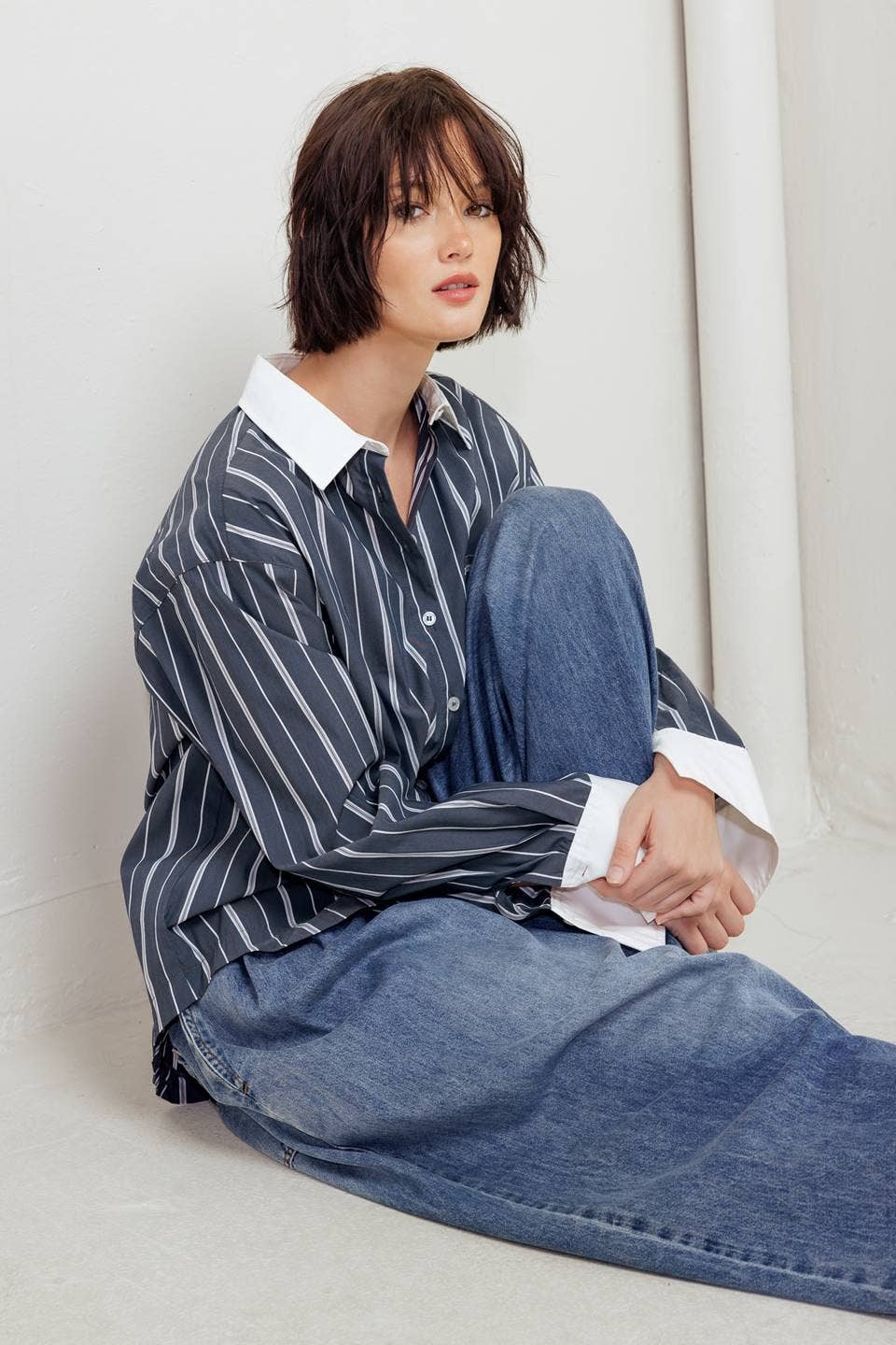 Charcoal/White striped woven top - FT1310