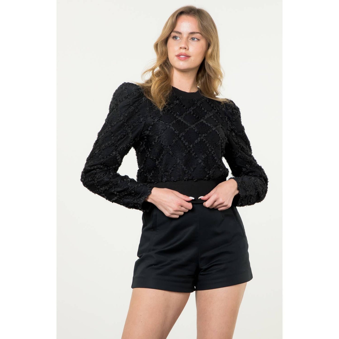 Long Sleeve Detailed Lace Top: BLACK / S