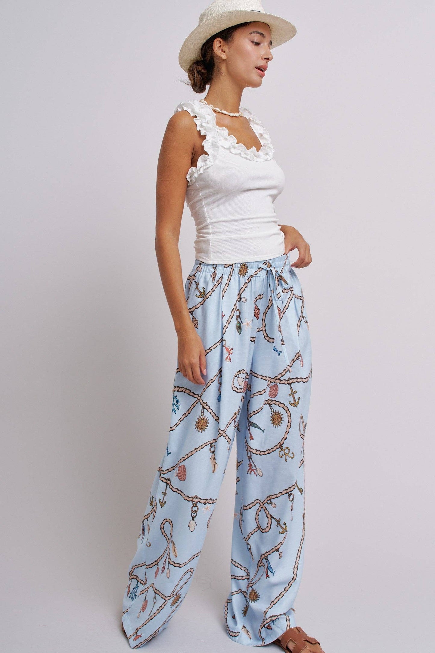 Rope Print Wide Leg Maxi Pants With Drawstring: Blue
