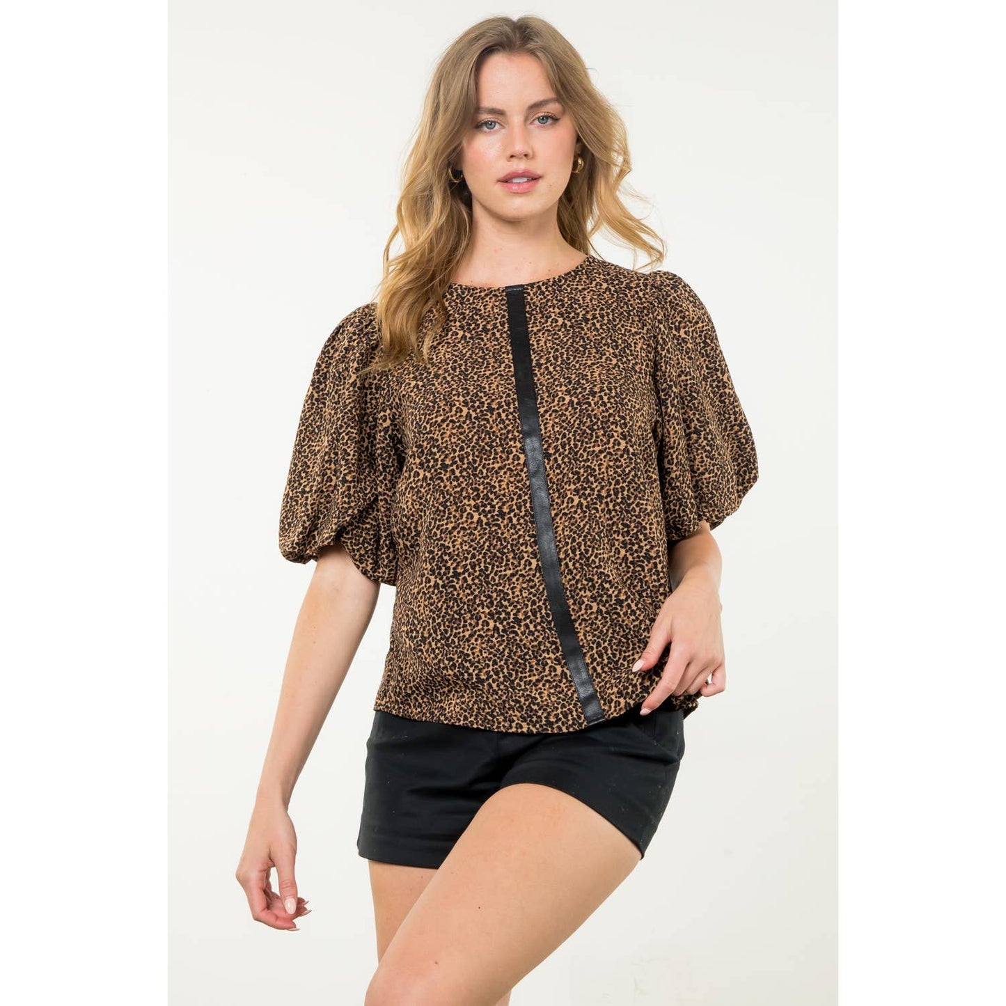 Puff Sleeve Cheetah Print Top: BLUE / M