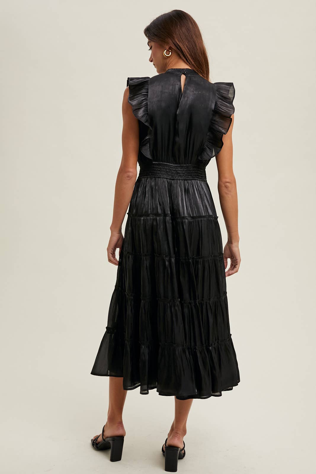ORGANZA TIERED MIDI DRESS WITH RUFFLE DETAIL / WL23-8374: Black