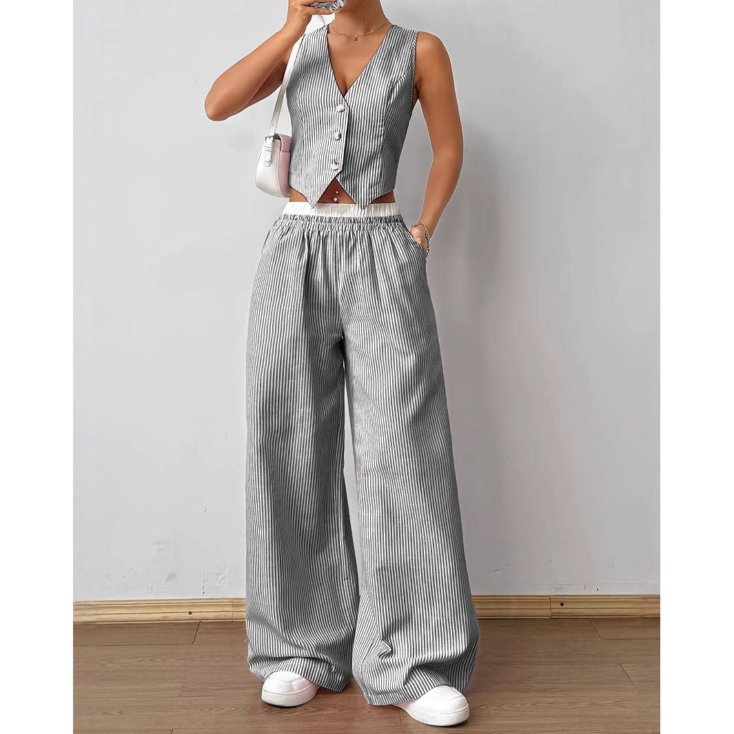 Striped Vest and Wide Leg Pants Two Piece Set: Grey/White