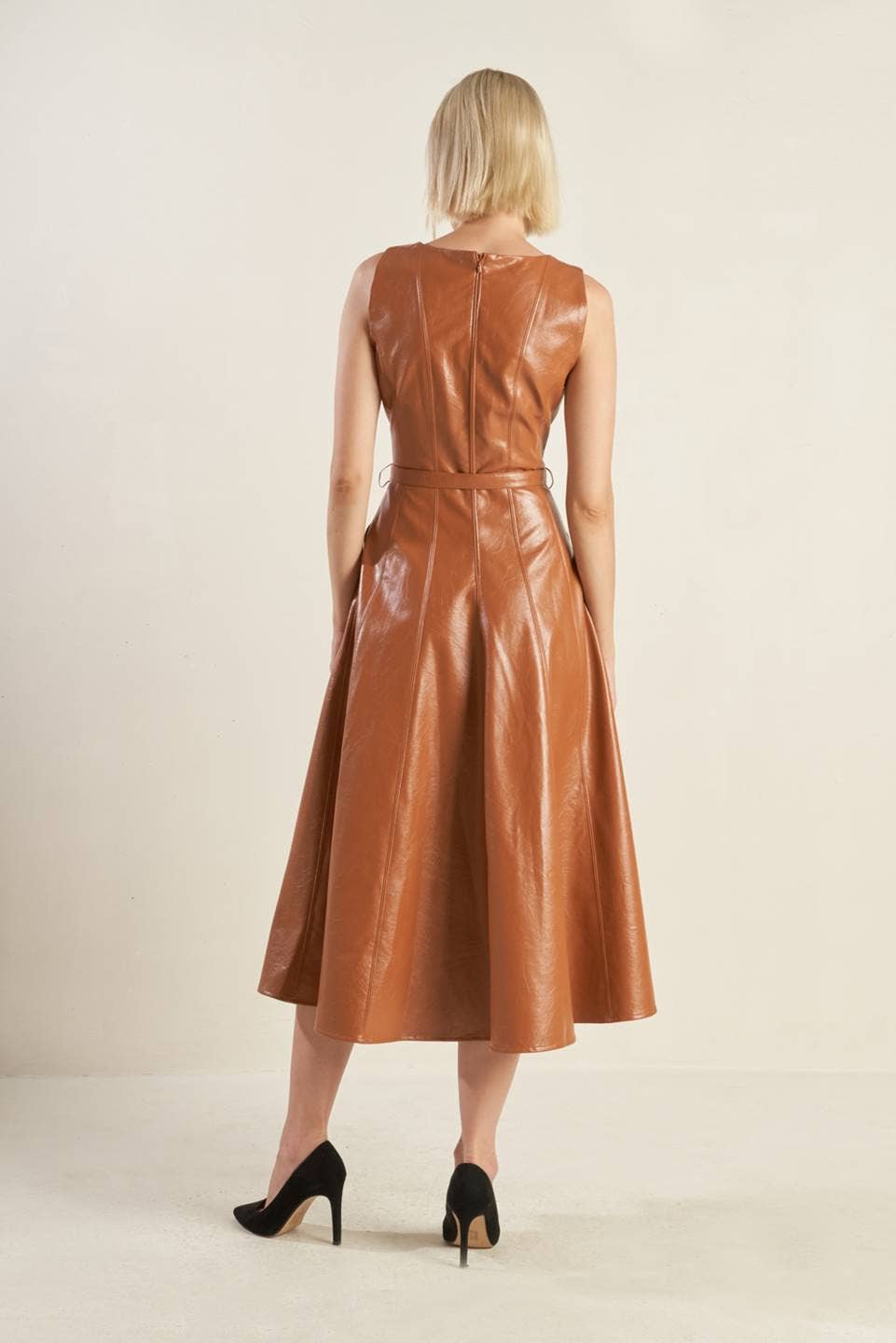 Faux leather belted midi dress - FD1294: CAMEL