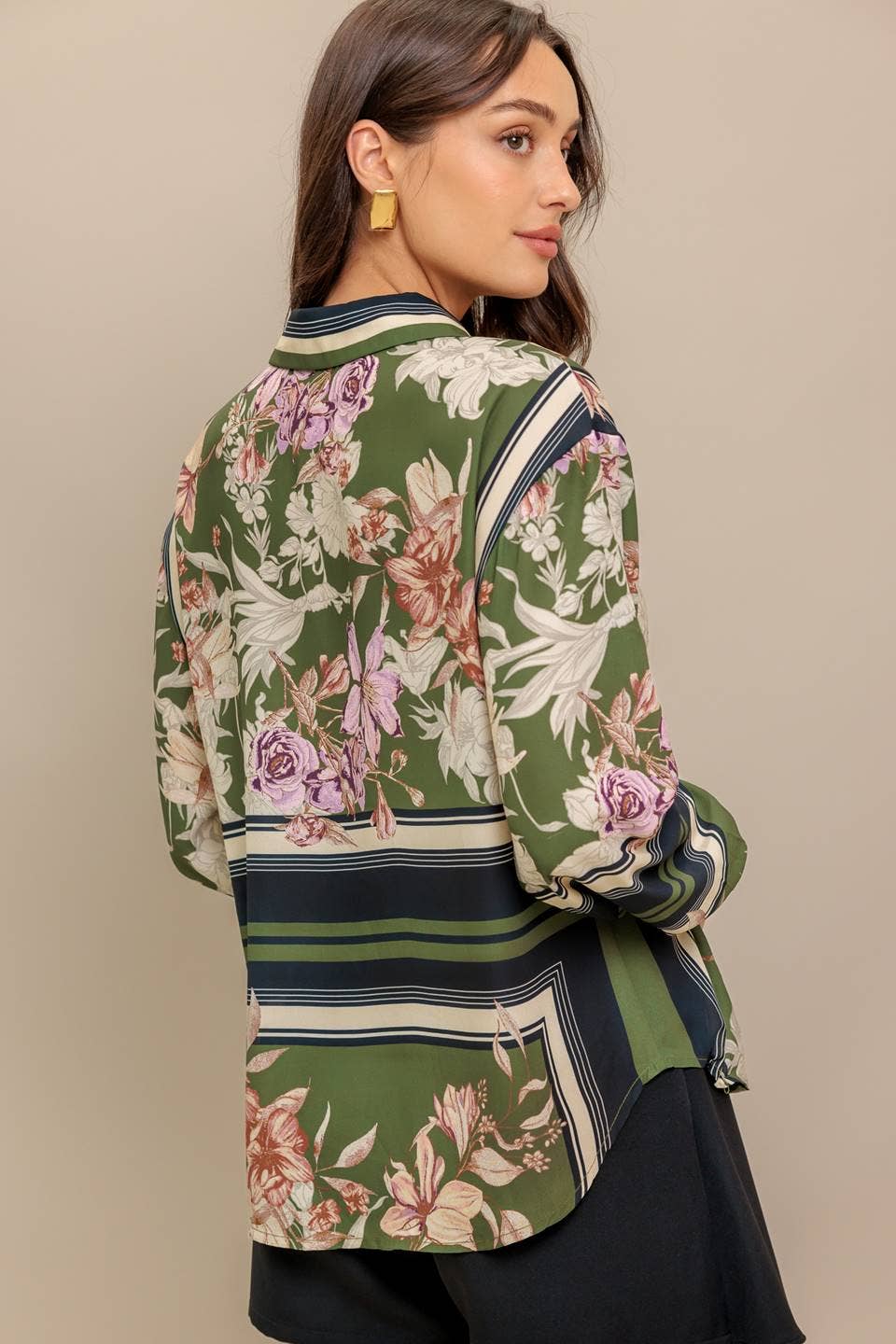 Olive floral button up top - IT13799: