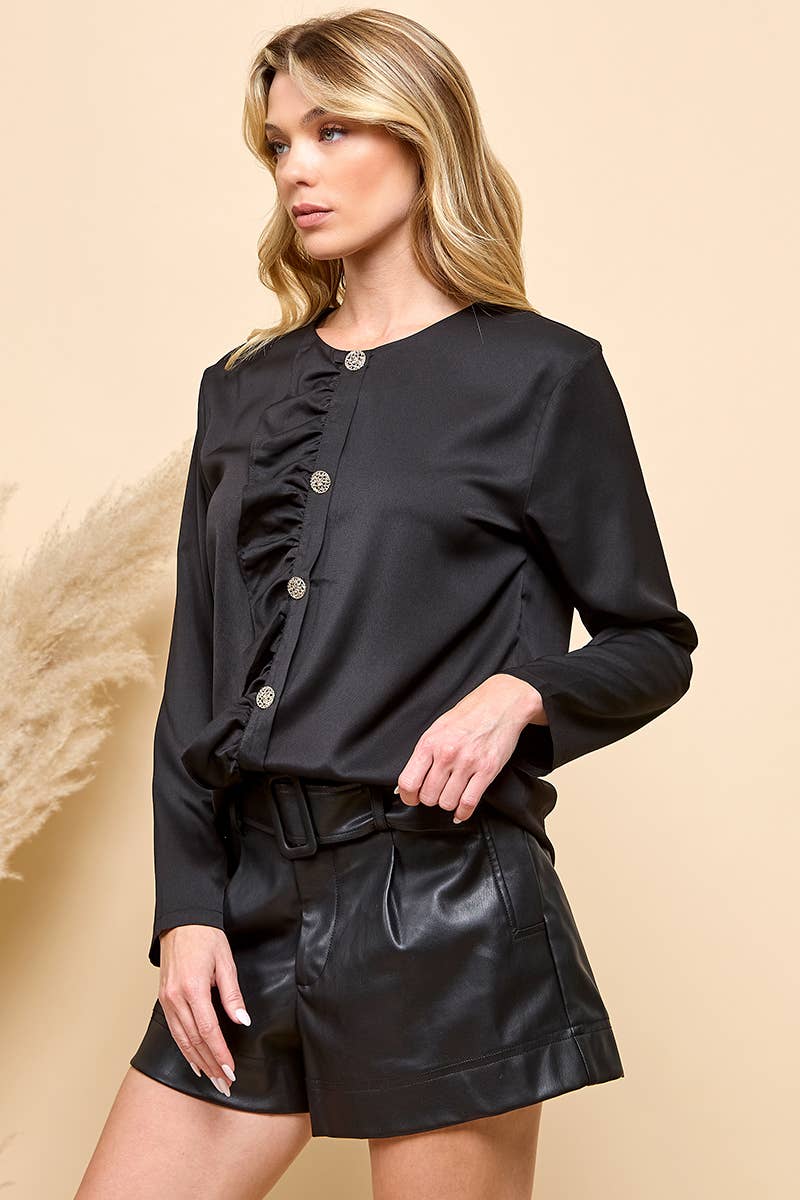 RUFFLE LONG SLEEVE BLOUSE : Black
