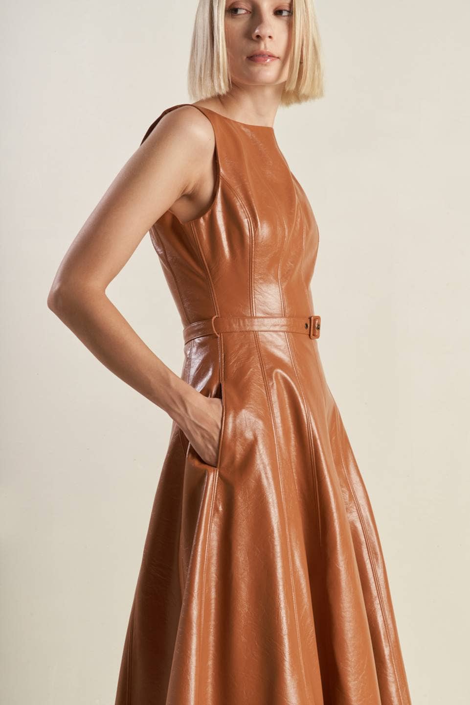 Faux leather belted midi dress - FD1294: CAMEL