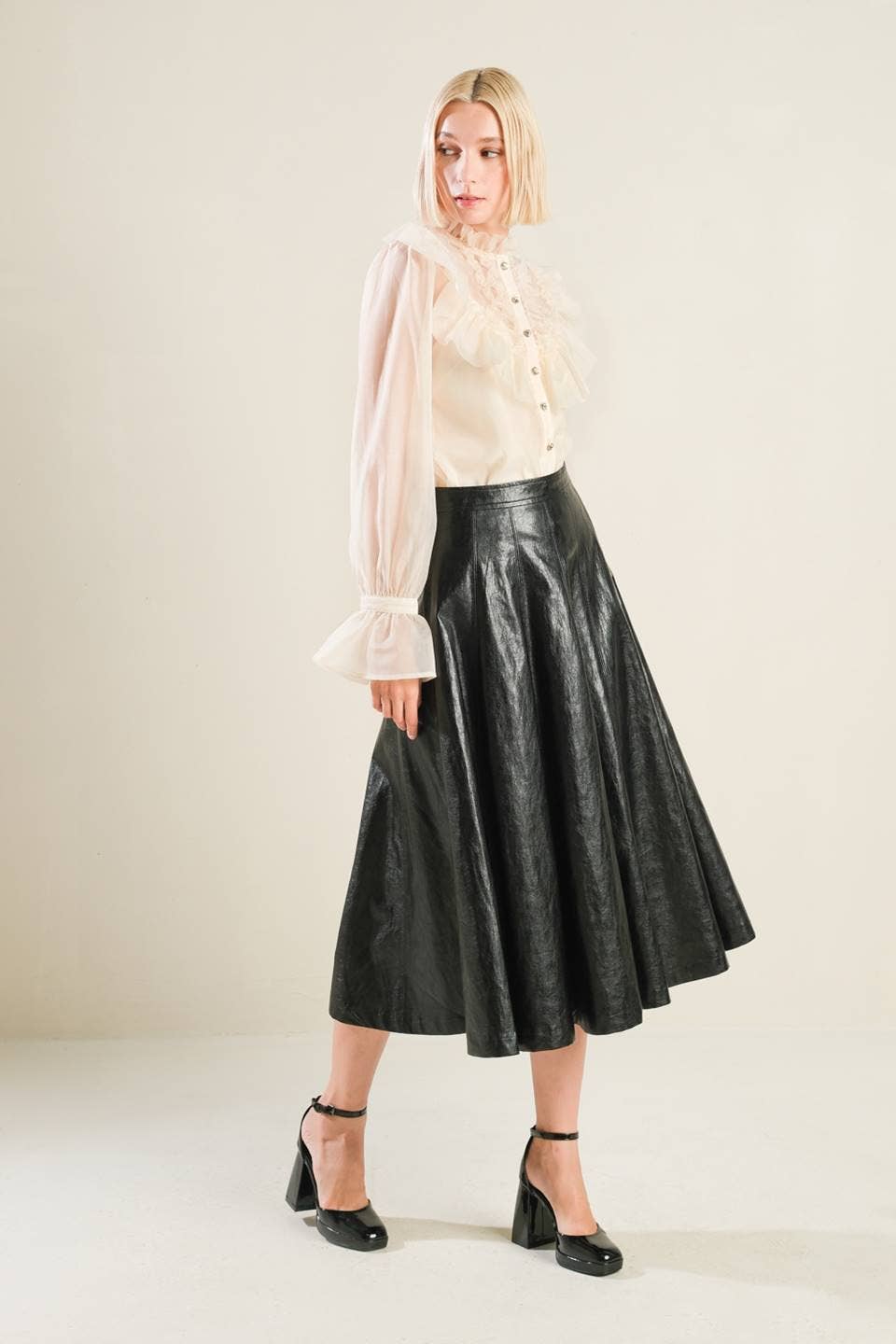 Faux leather full skirt - FK1112: Black