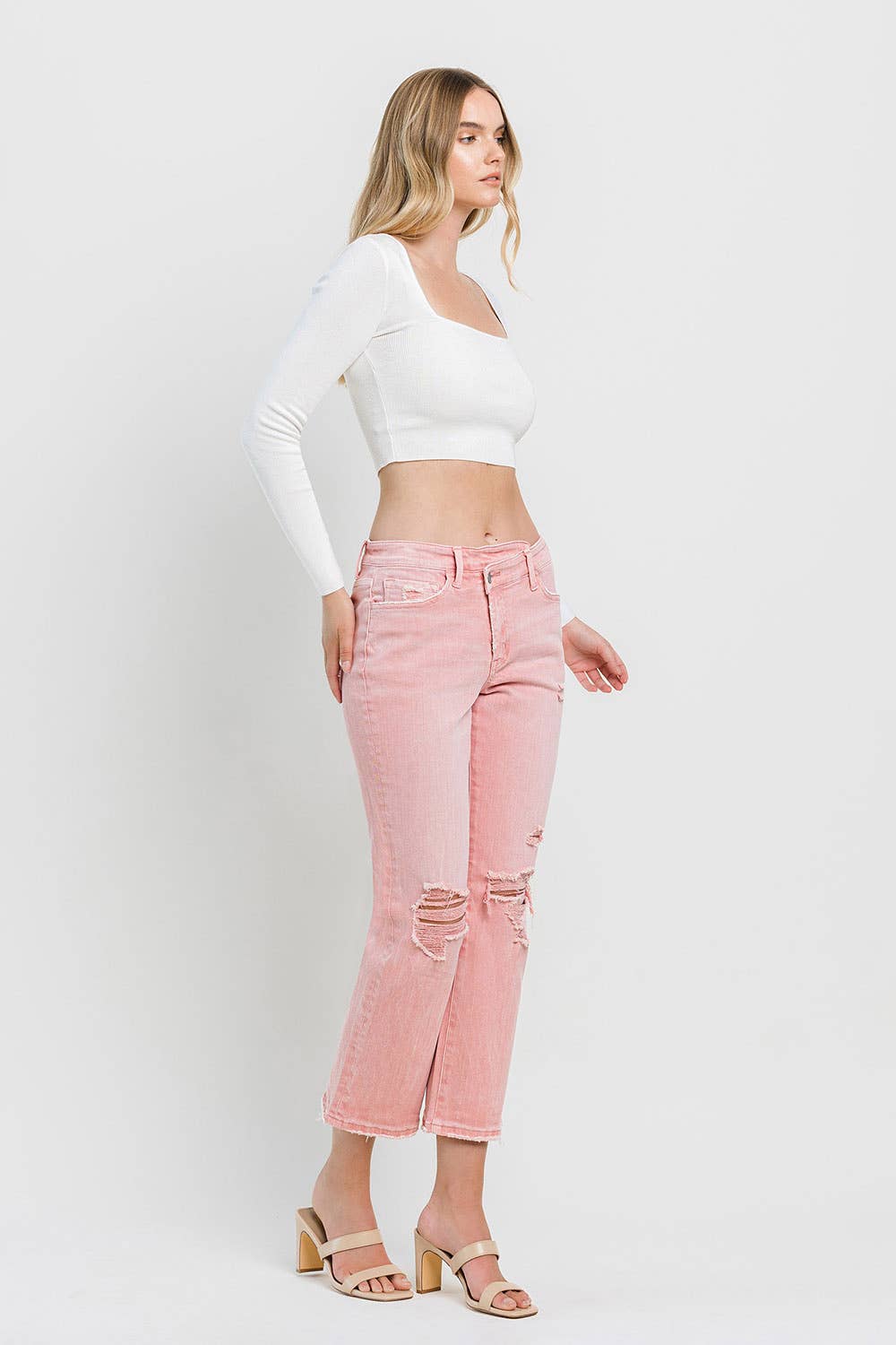 HIGH RISE CROSS OVER CROP STRAIGHT JEANS F5647BRS: BRIDAL ROSE