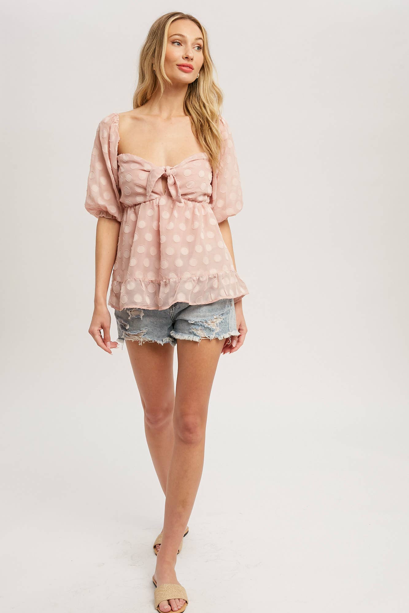POLKA DOT FRONT TIE BLOUSE: BLACK / M
