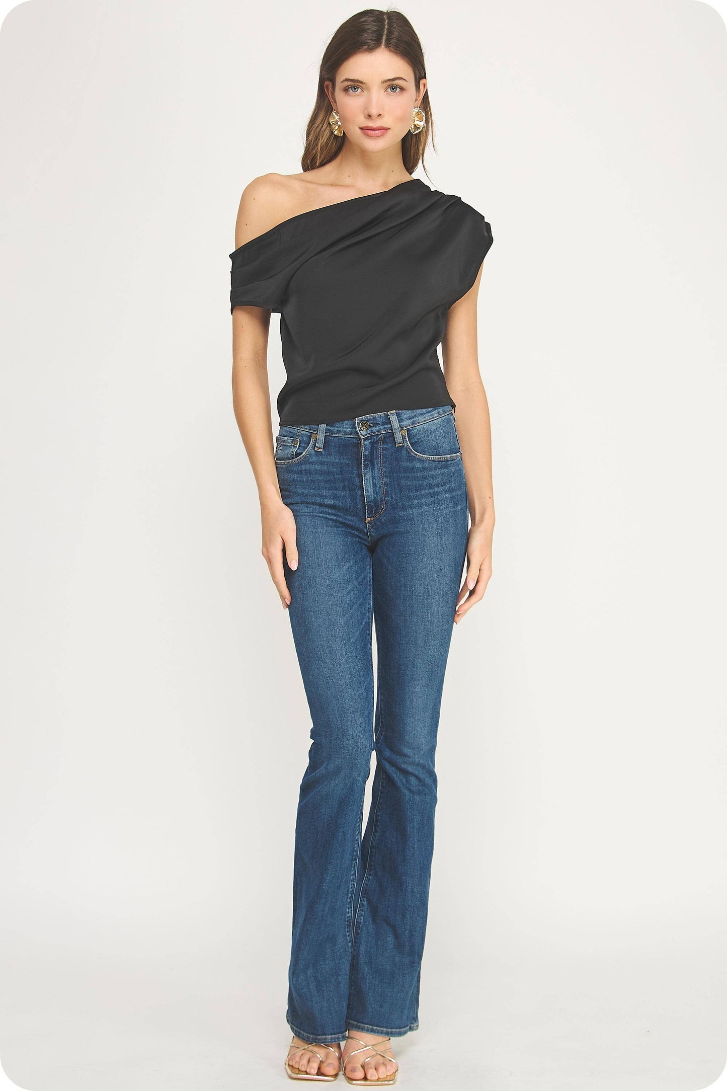 One Shoulder Draped Satin Top: Black