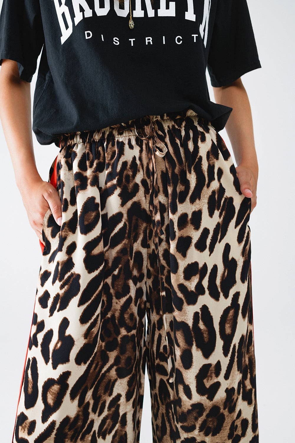 Leopard Straight Pants With Red Stripes Down The Sides: Brown