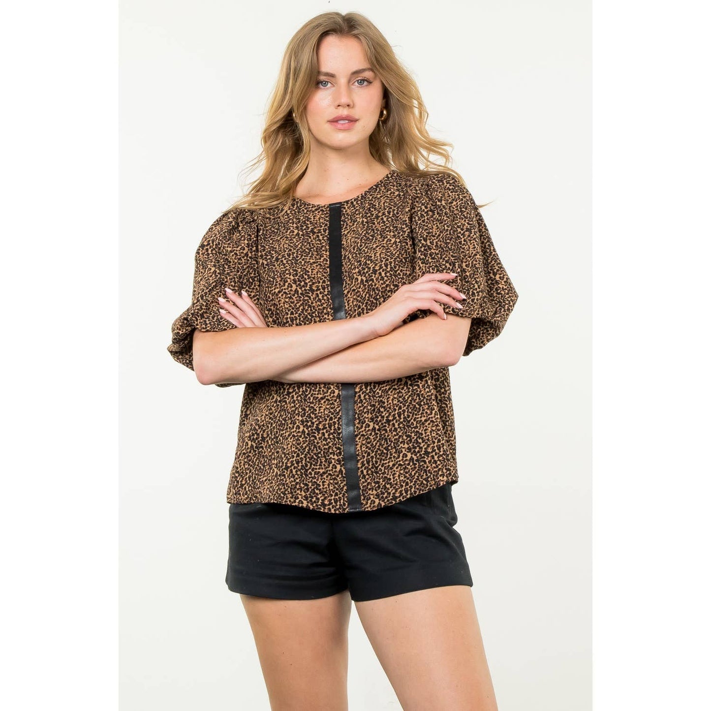 Puff Sleeve Cheetah Print Top: BLUE / M