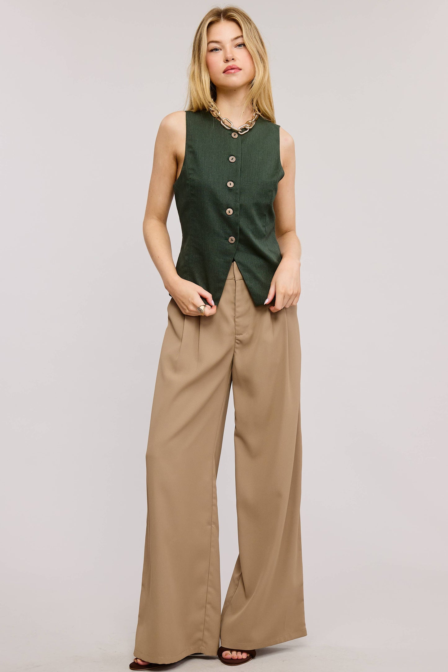 MT1661 ROUND-NECK SLEEVELESS BUTTONED WAISTCOAT VEST: Black / L