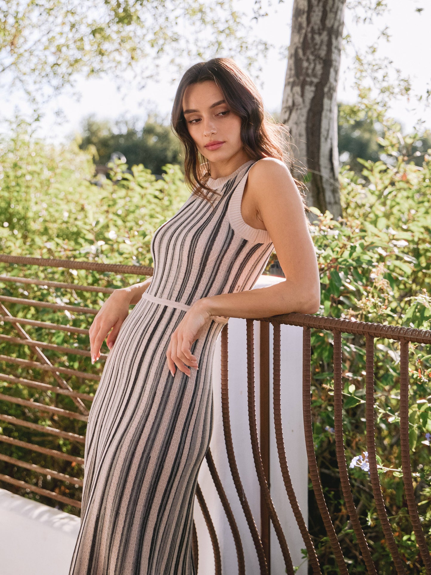 Sleeveless Striped Sweater Dress: Oatmeal/Black