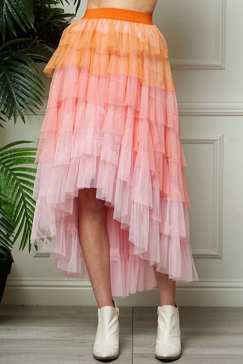 High Low Tiered Tulle Skirt: Orange/Pink / One Size