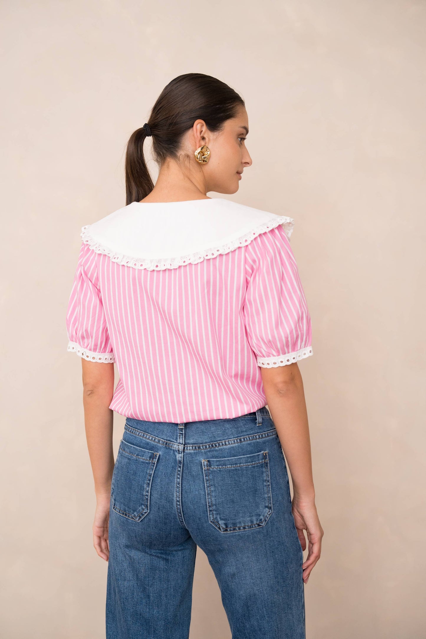 Cotton shirt with Peter Pan collar and short sleeves: Sky Blue