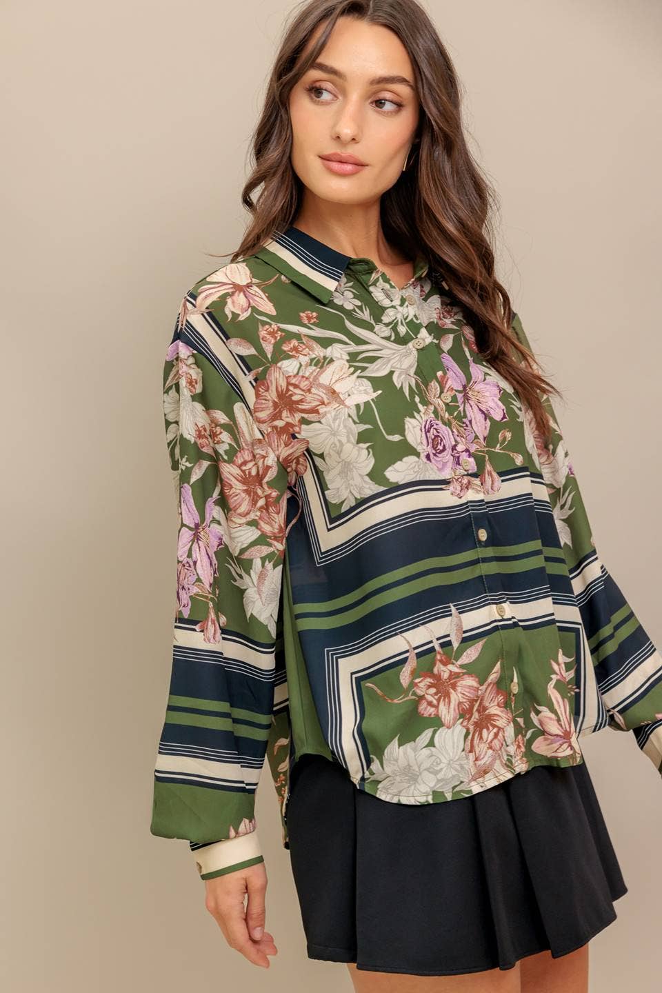 Olive floral button up top - IT13799: