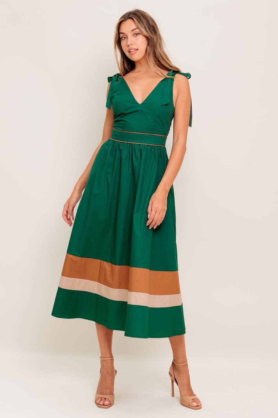Green/Taupe color blocked midi dress - ID22698:
