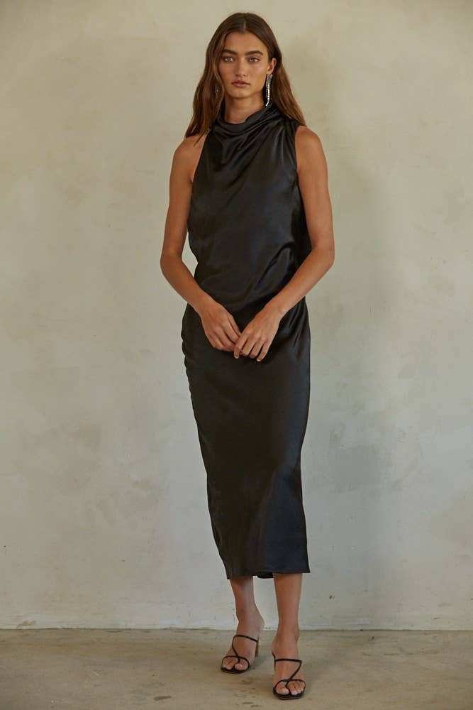 Satin Polyester Spandex Open Back Midi Dress: Black / L6636