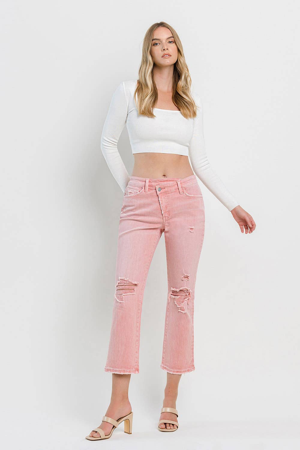 HIGH RISE CROSS OVER CROP STRAIGHT JEANS F5647BRS: BRIDAL ROSE