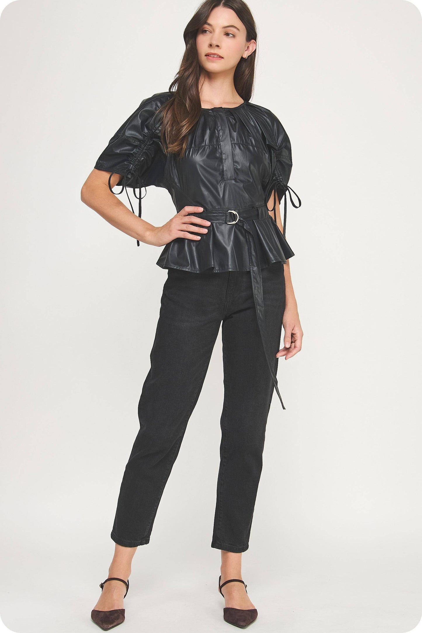 Waist Belt Pleated Faux Leather Top: Black