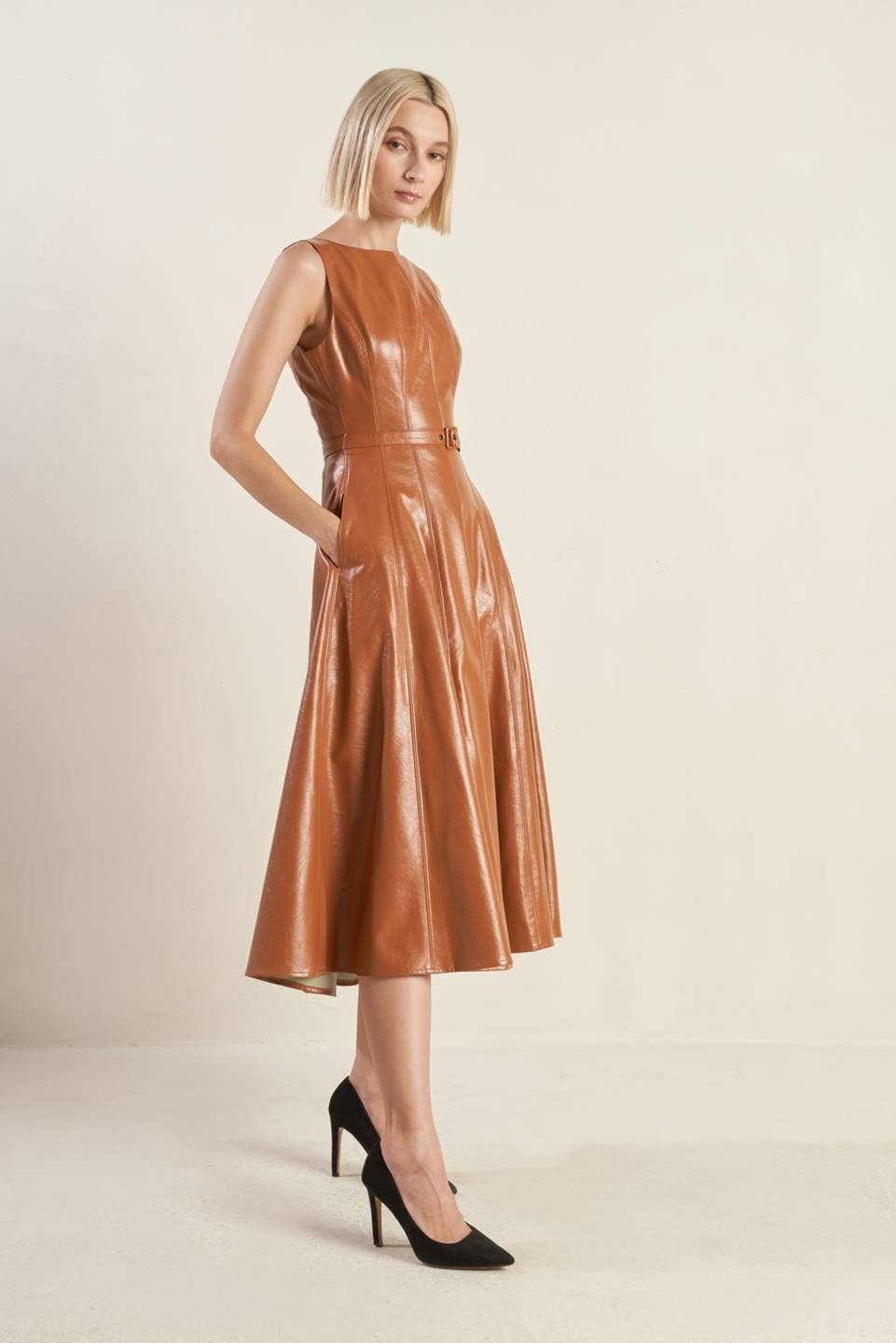 Faux leather belted midi dress - FD1294: CAMEL