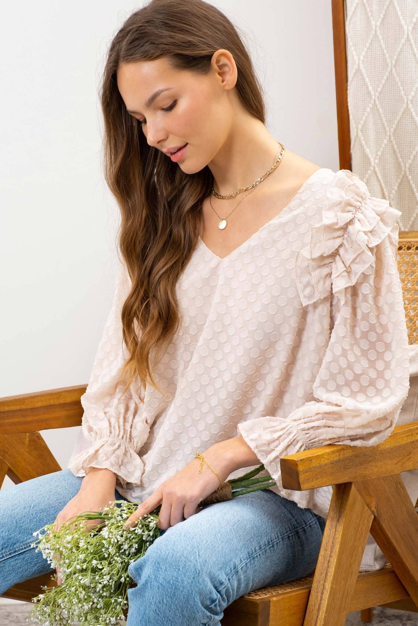 RUFFLE DOTTED BLOUSE: CREAM
