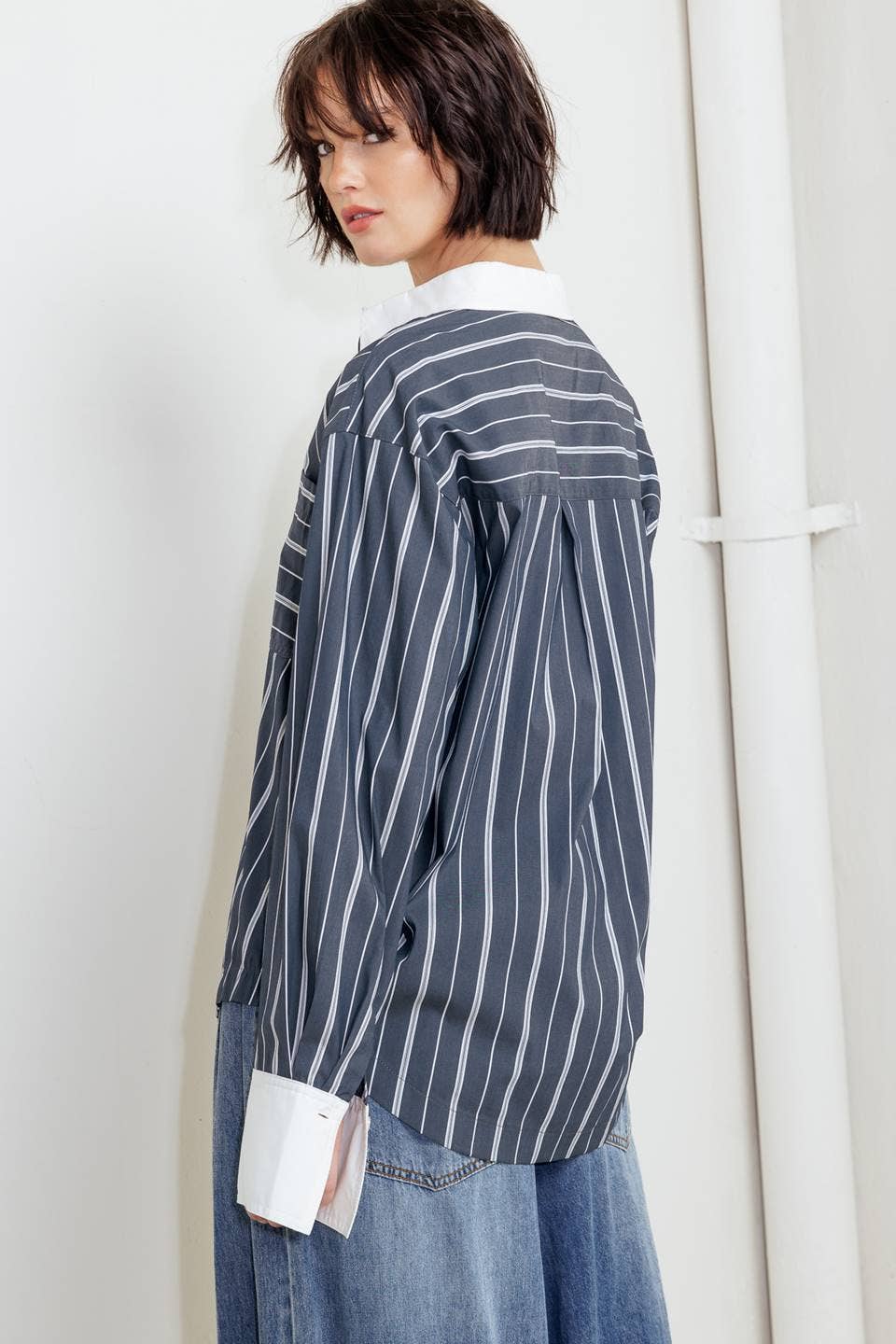 Charcoal/White striped woven top - FT1310