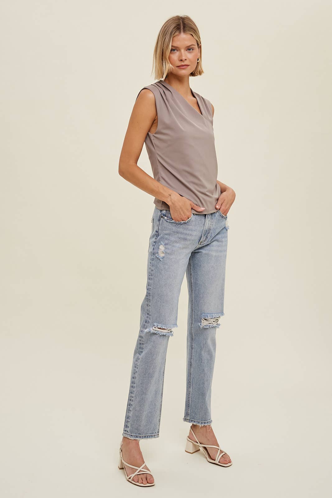 SLEEVELESS ASYMMETRICAL NECK DETAIL TOP / WL23-7908: MIDNIGHT