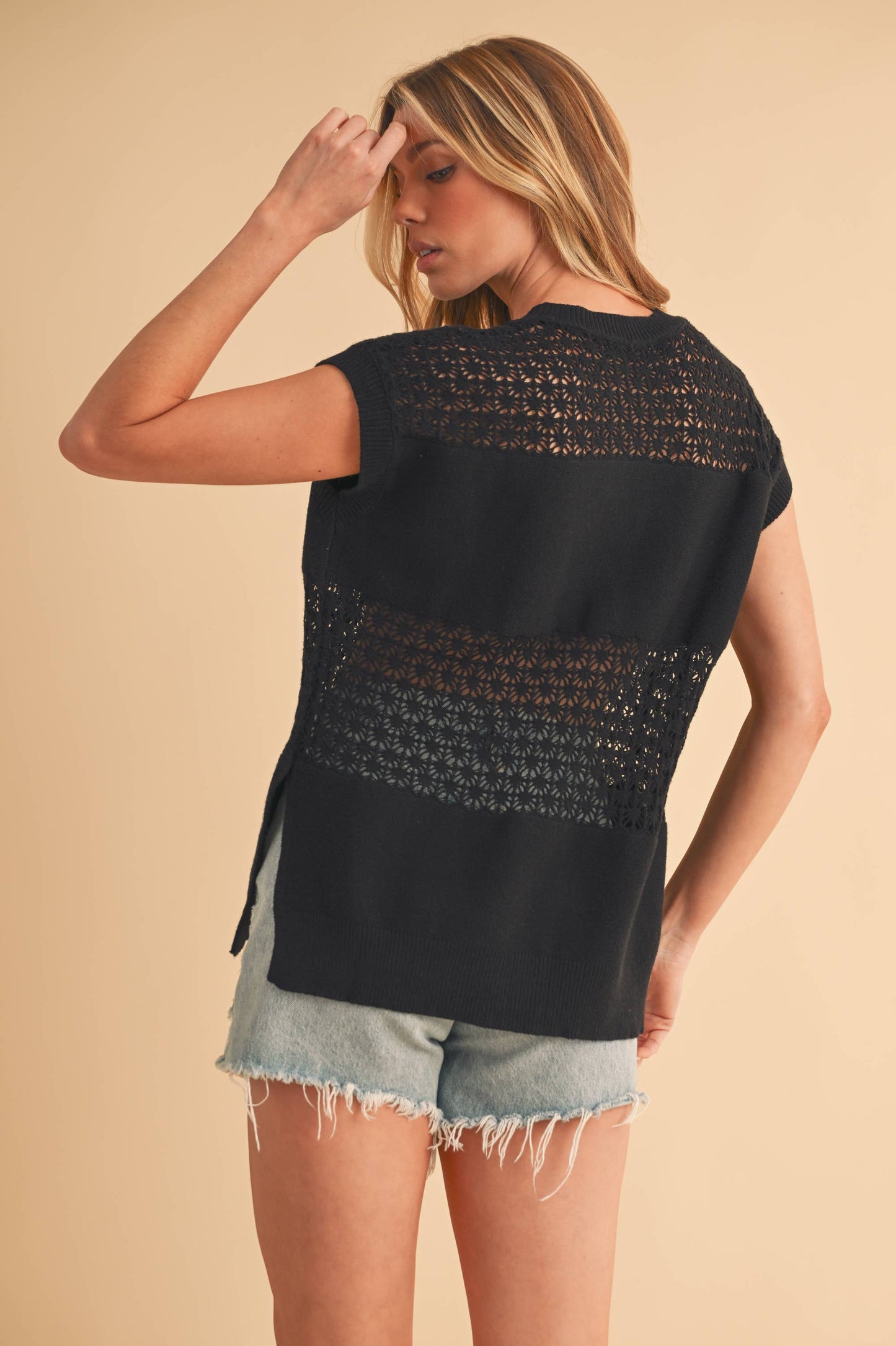 Ameena Open Stitch Mesh Sleeveless Top: Black
