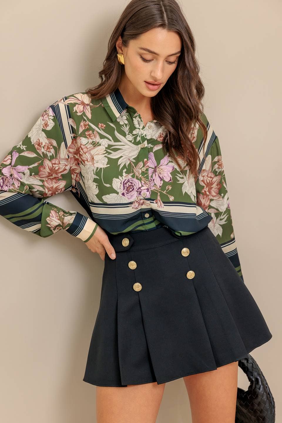 Olive floral button up top - IT13799:
