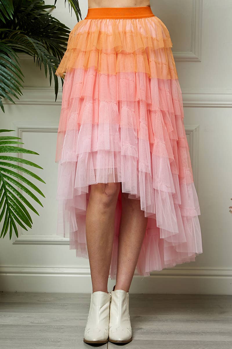 High Low Tiered Tulle Skirt: Orange/Pink / One Size