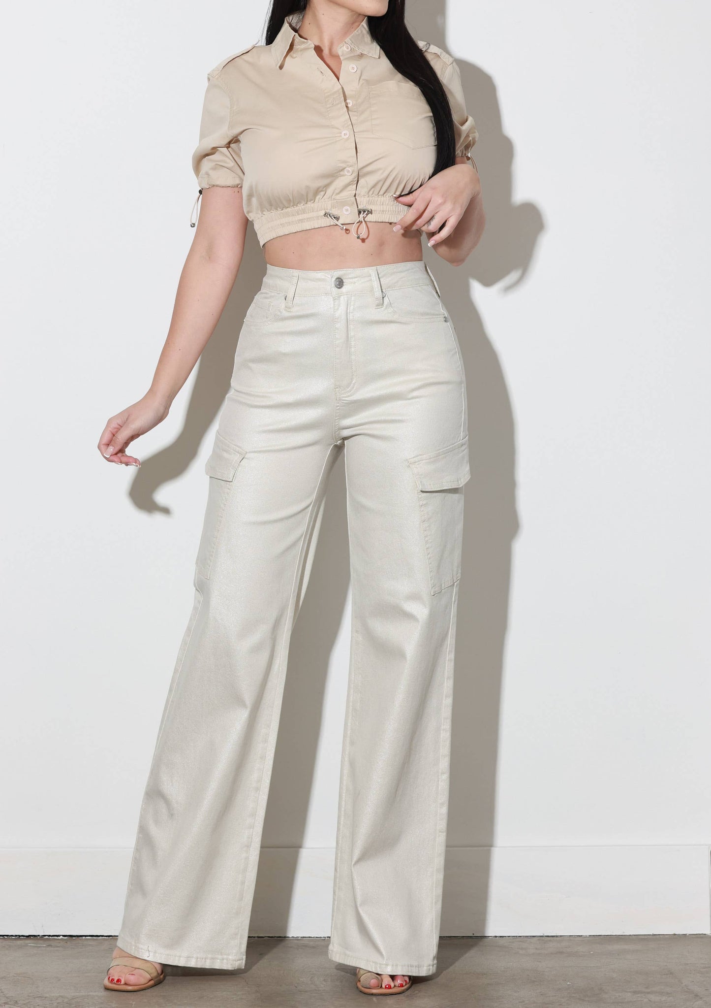 Glitter High-Rise Cargo Wide Leg Jeans: Natural