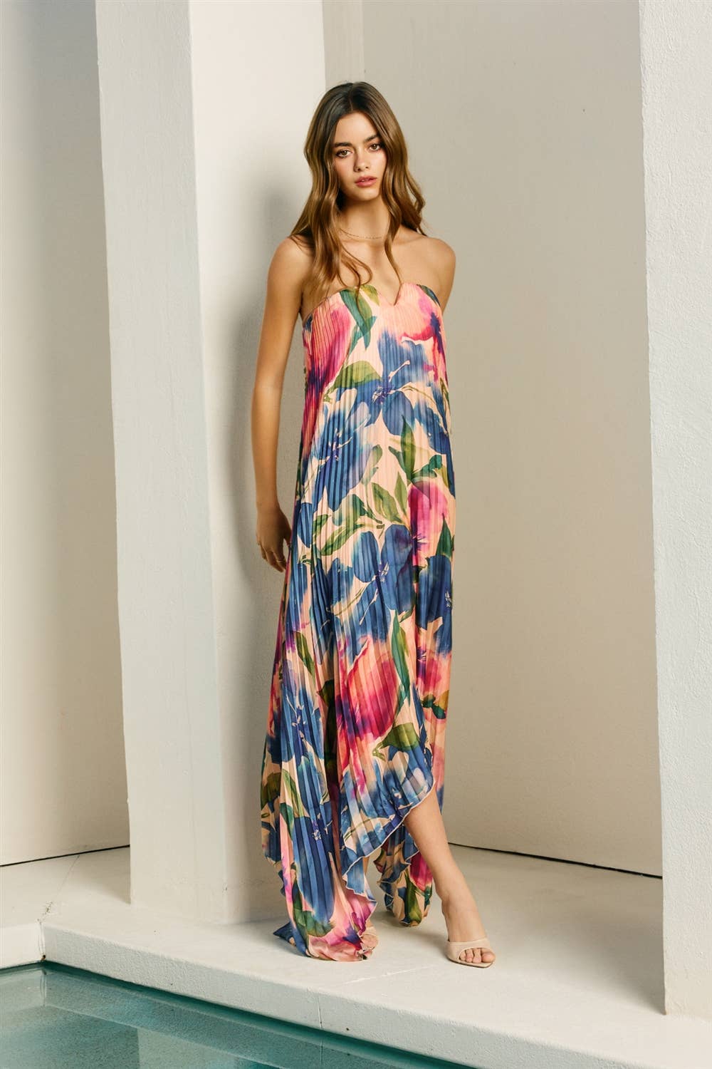 Floral Strapless Pleated Maxi Column Dress: LAPIS BLOOM