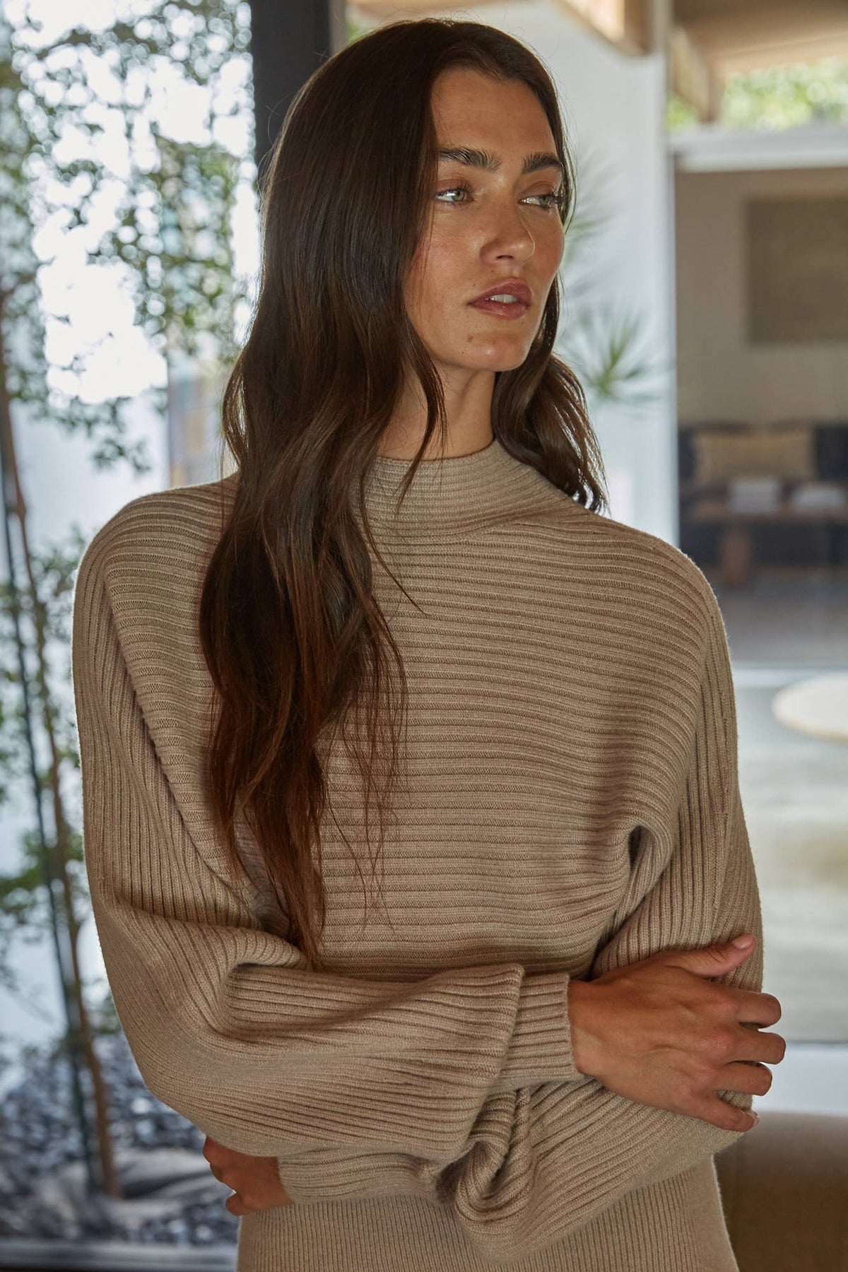 Mock Neck Long Sleeve Maxi: Light Mocha