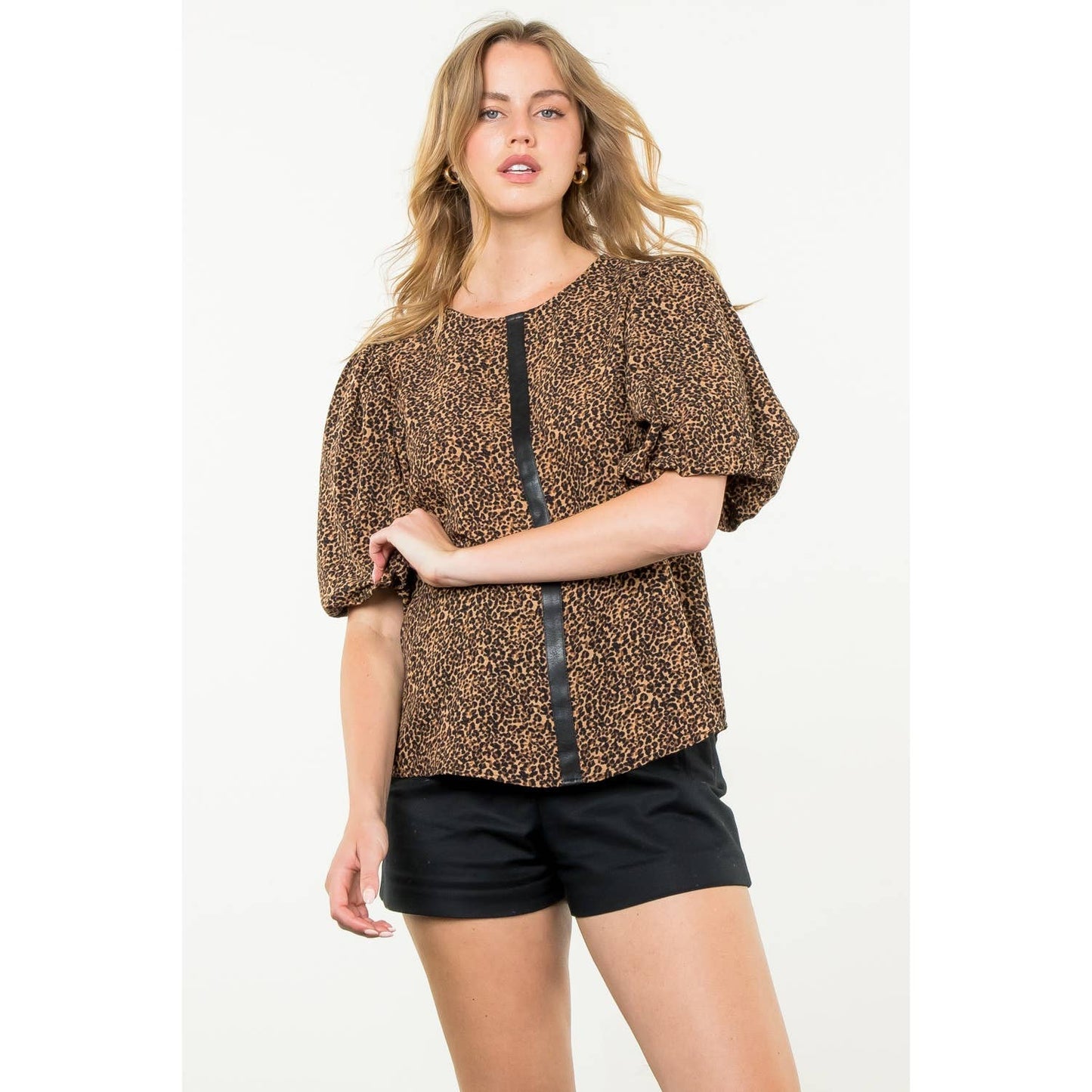 Puff Sleeve Cheetah Print Top: BLUE / S