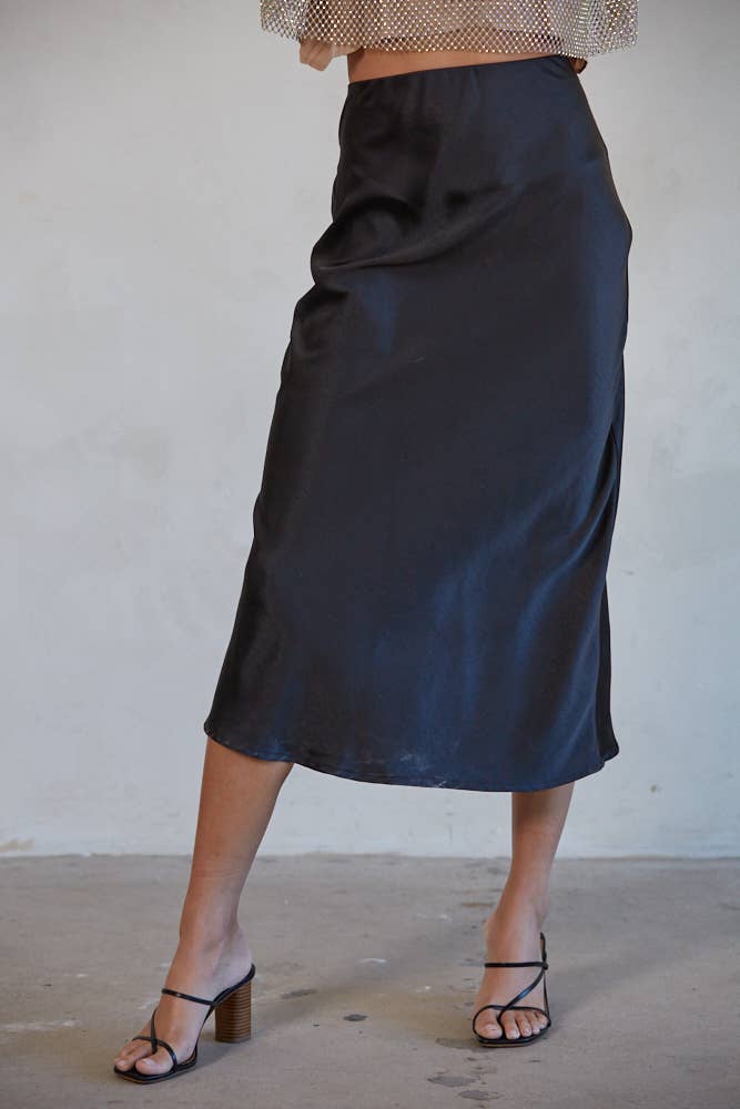Satin Waist Elastic Band Midi Skirt: Black