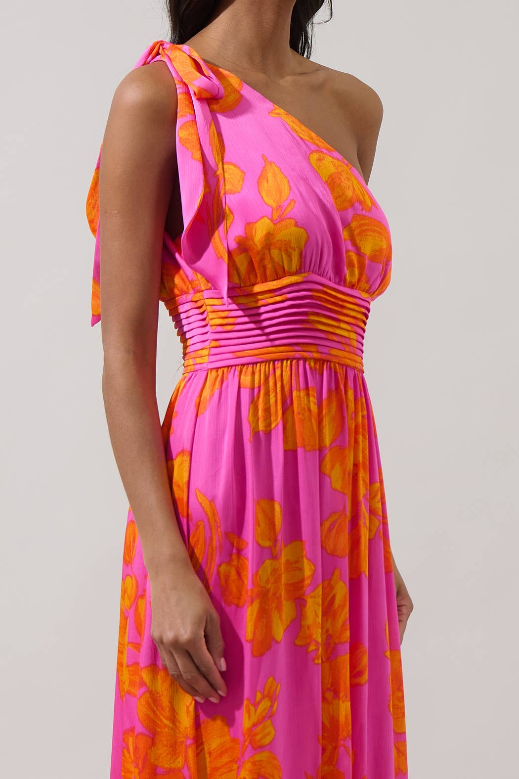 Pacey Floral Bayou One Shoulder Maxi Dress: NeonOrange/Pink