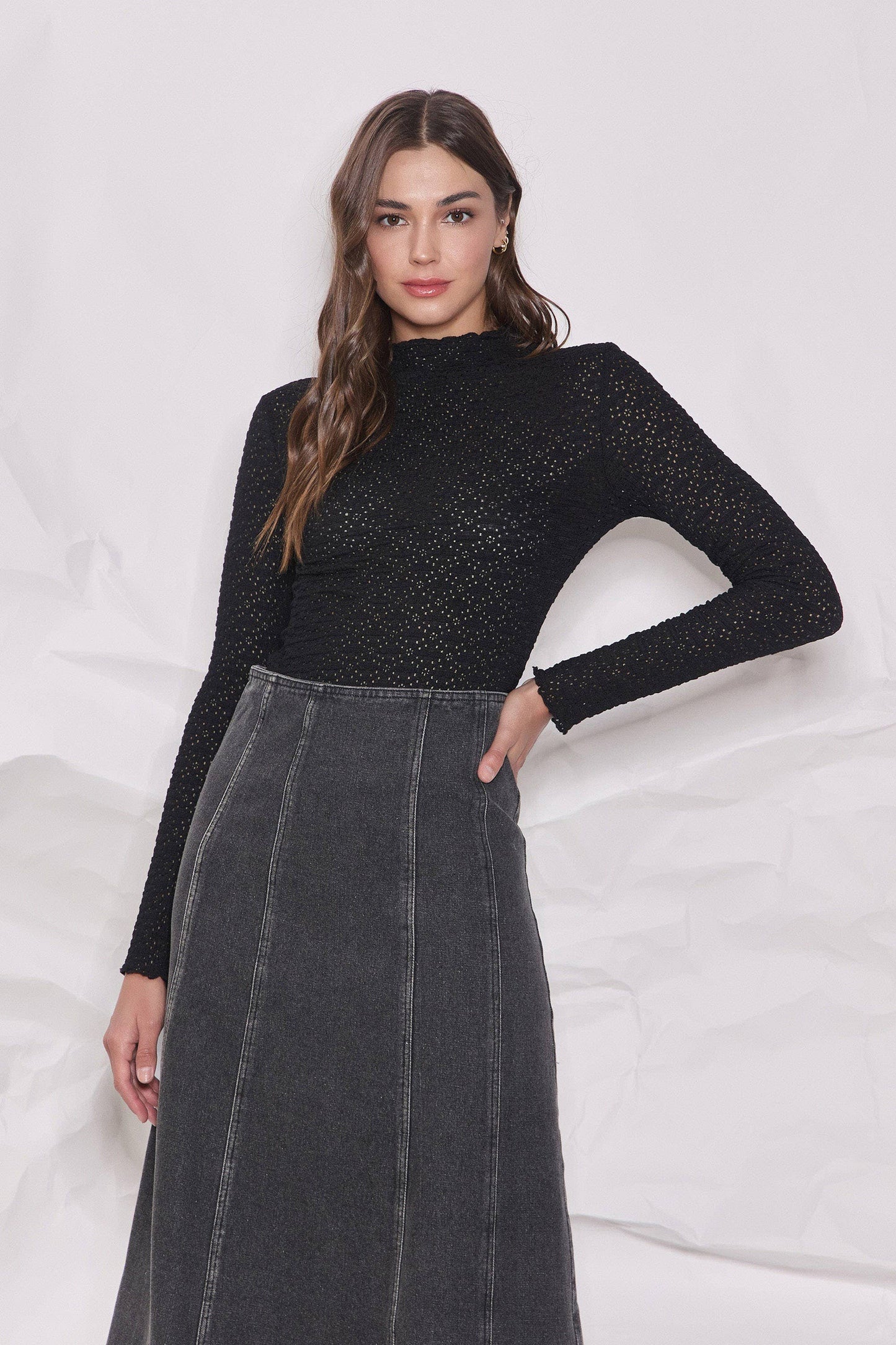 Novelty Lace Knit Top: Black