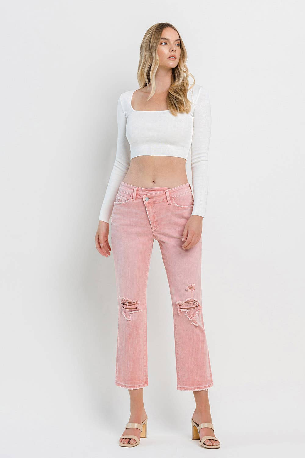 HIGH RISE CROSS OVER CROP STRAIGHT JEANS F5647BRS: BRIDAL ROSE