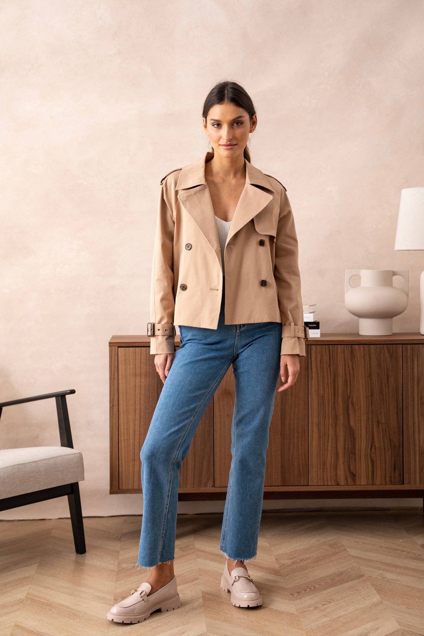 Plain cropped cotton trench coat: Beige