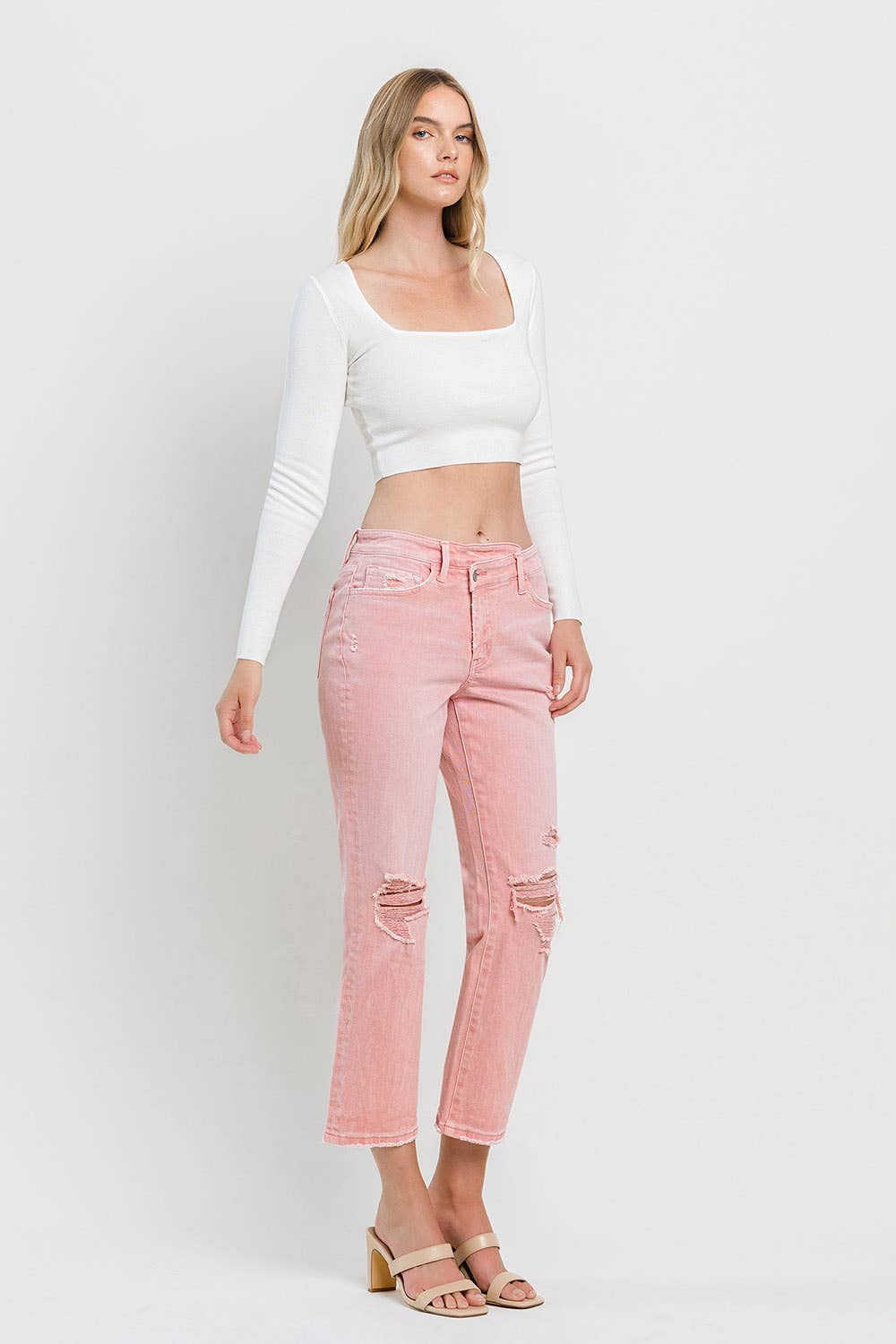 HIGH RISE CROSS OVER CROP STRAIGHT JEANS F5647BRS: BRIDAL ROSE